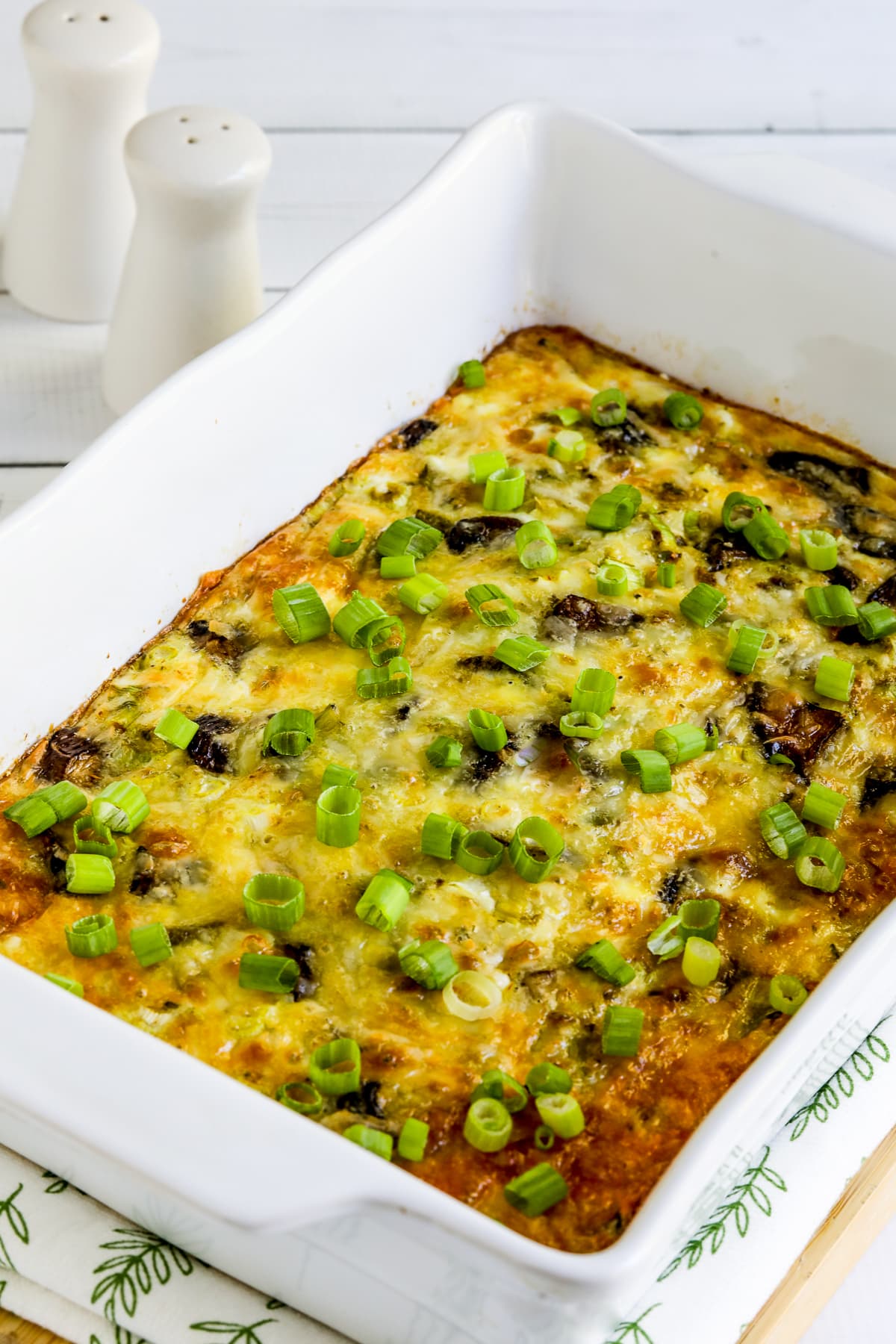 Cheesy Vegetarian Breakfast Casserole shown in baking dish.