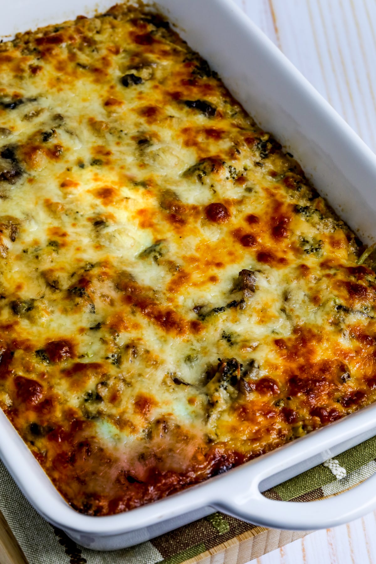 Cheesy Vegetarian Casserole (with Cauliflower Rice) shown in baking dish.