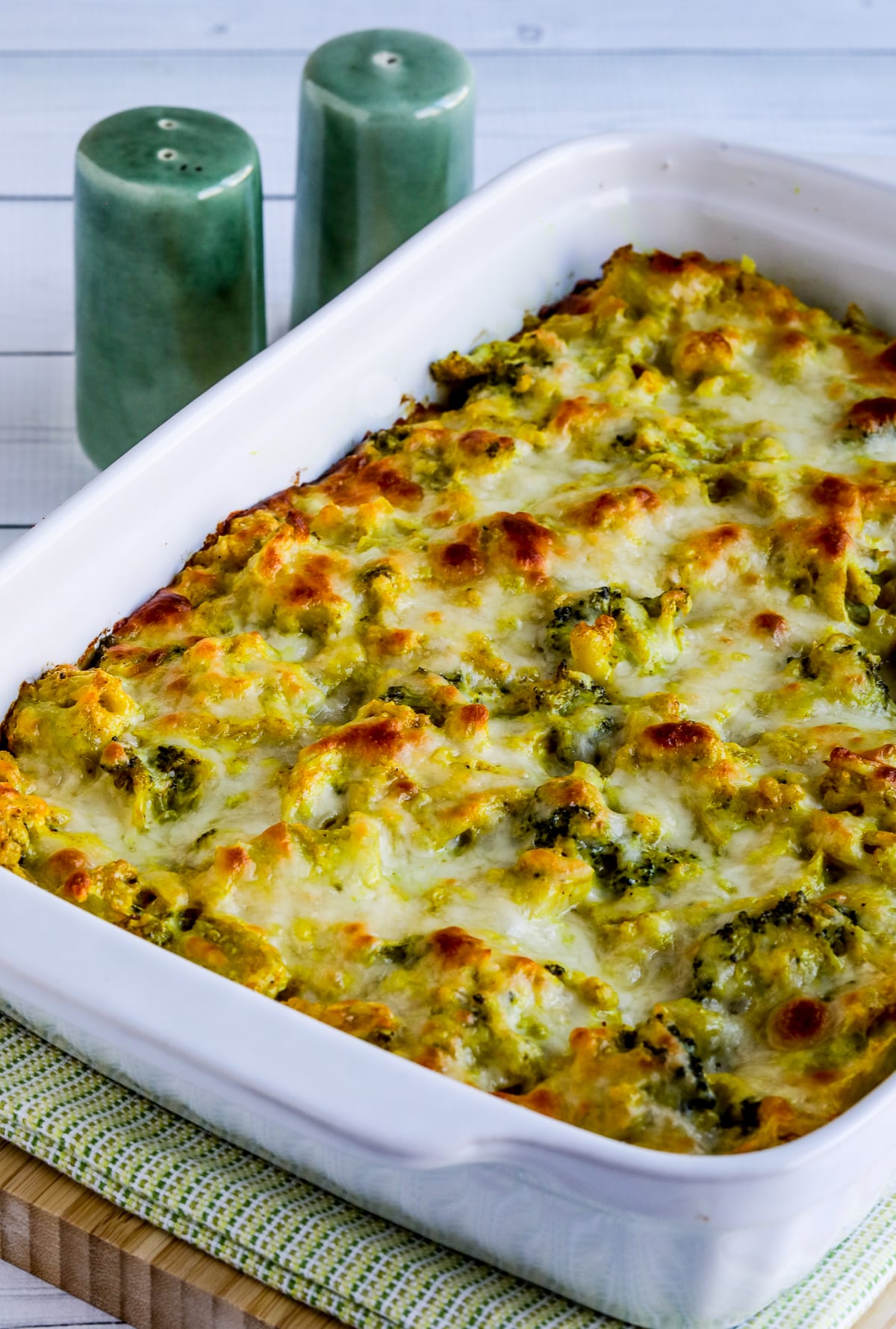 Chicken Broccoli Curry Casserole with Cauliflower Rice finished casserole in baking dish.