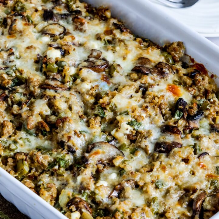 Ground Turkey Casserole (with Cauliflower Rice) shown in casserole dish.