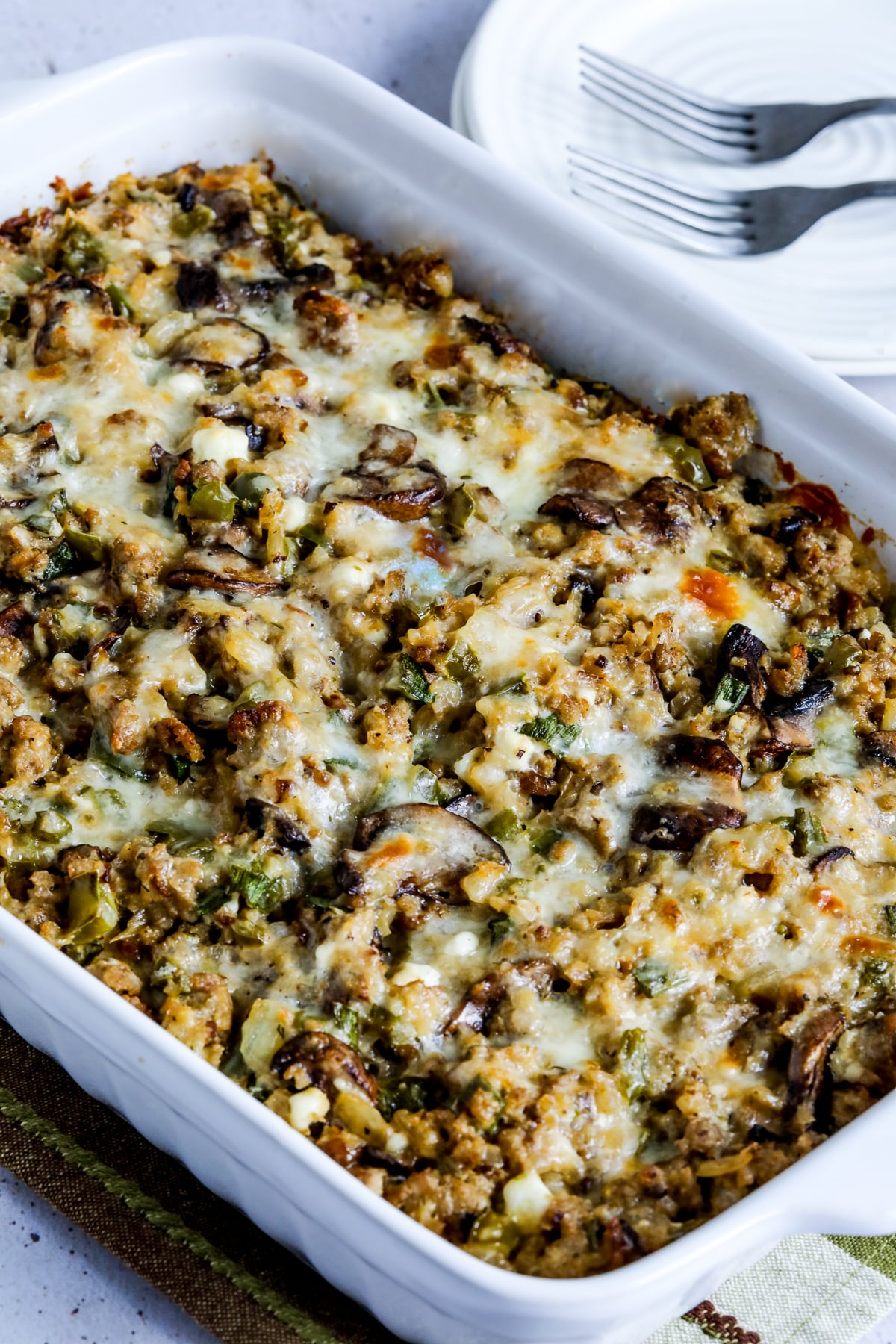 Ground Turkey Casserole (with Cauliflower Rice) shown in casserole dish.