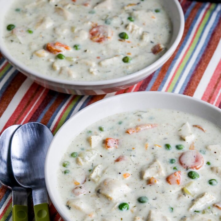 Instant Pot Chicken Pot Pie Soup shown in two serving bowls with Instant Pot in back.