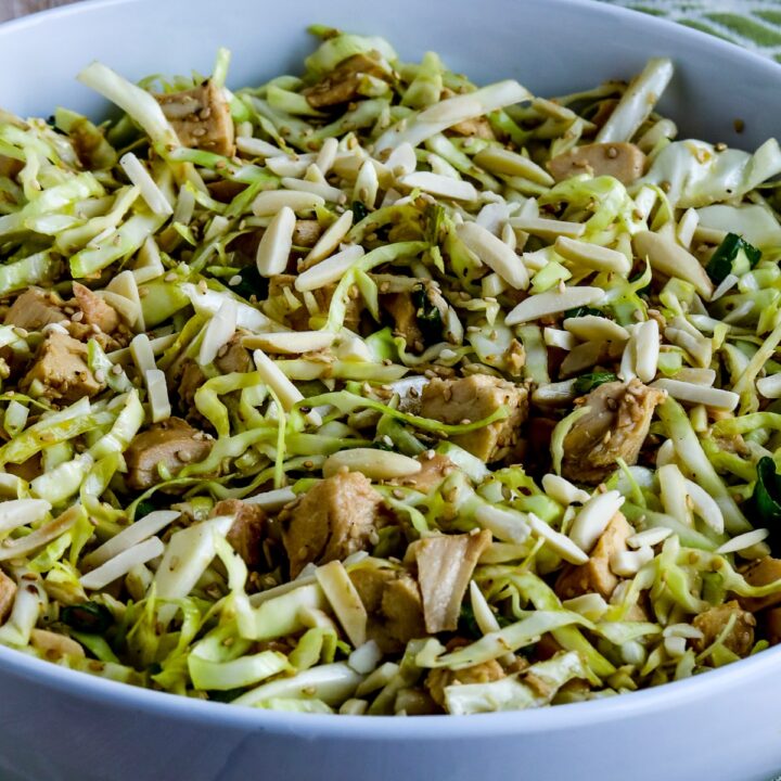 Sandee's Asian Chicken Cabbage Salad in white bowl.