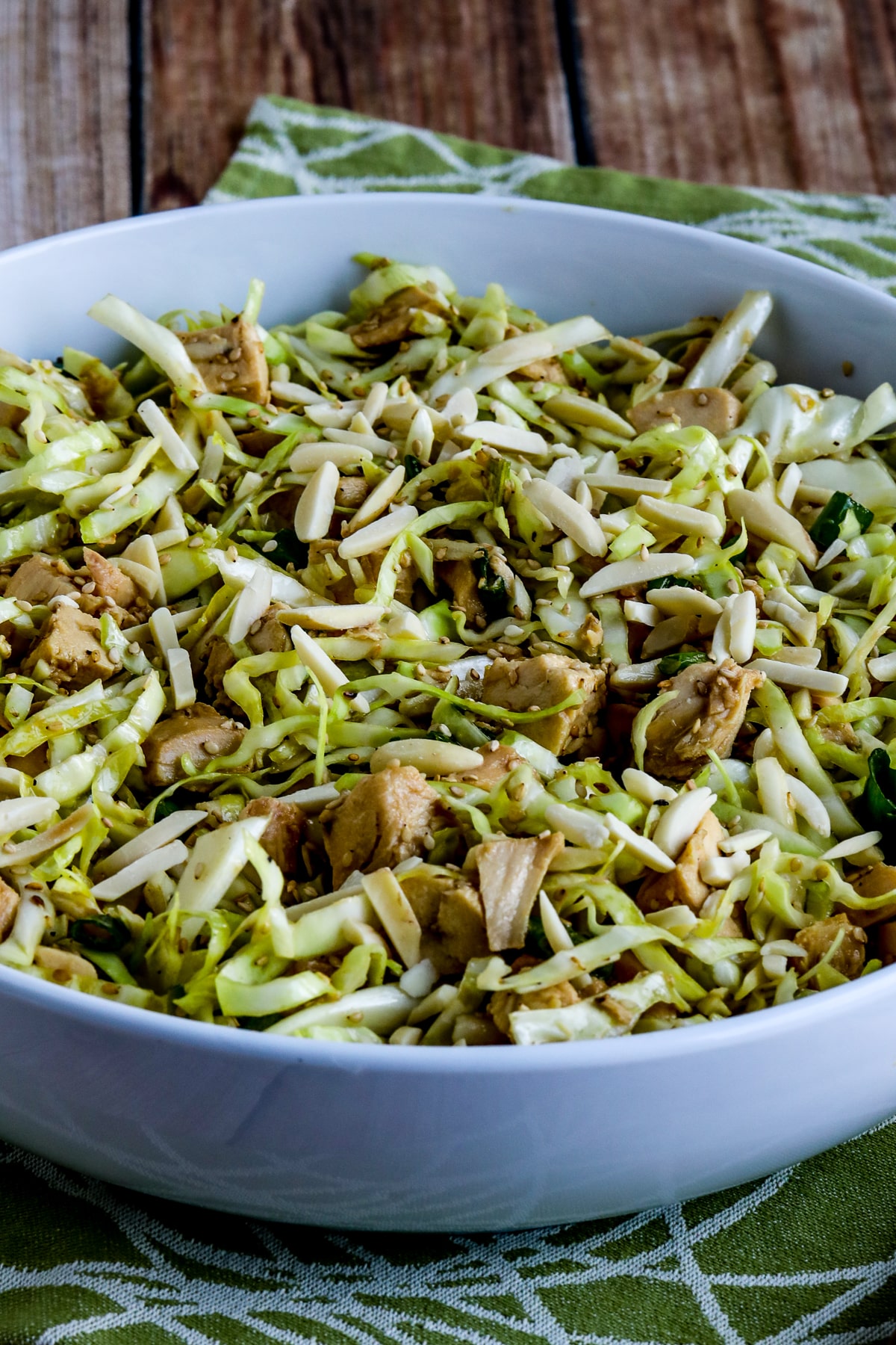 Sandee's Asian Chicken Cabbage Salad in white bowl.