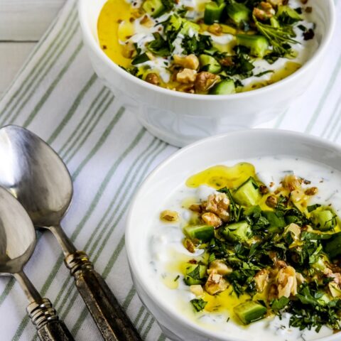 Tarator (Chilled Cucumber Yogurt Soup) shown in two serving bowls.