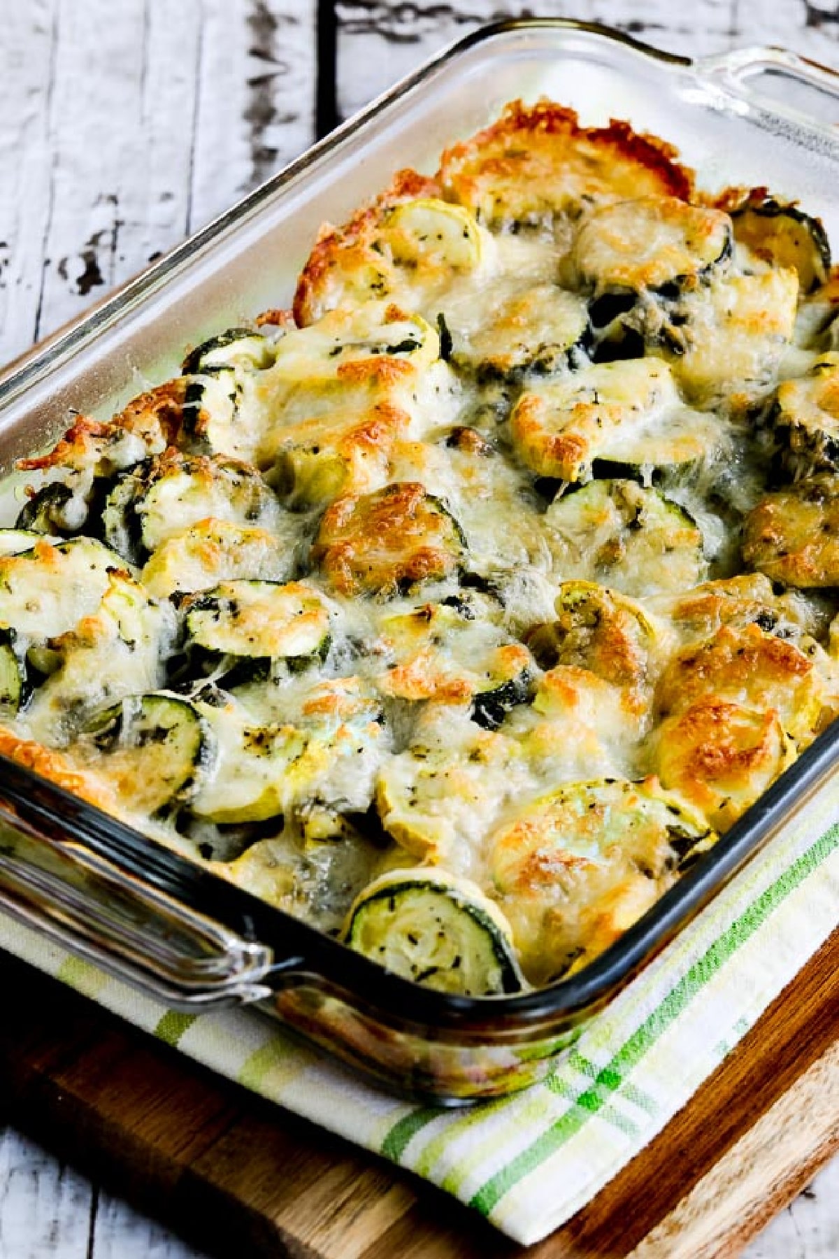 Easy Cheesy Zucchini Bake in glass baking dish