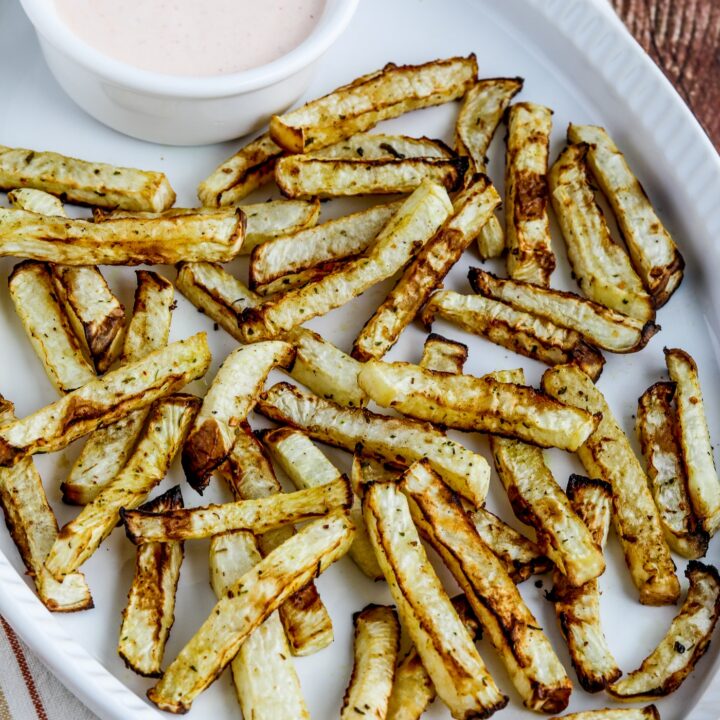 Air Fryer Turnip Fries shown on serving platter with Utah fry sauce