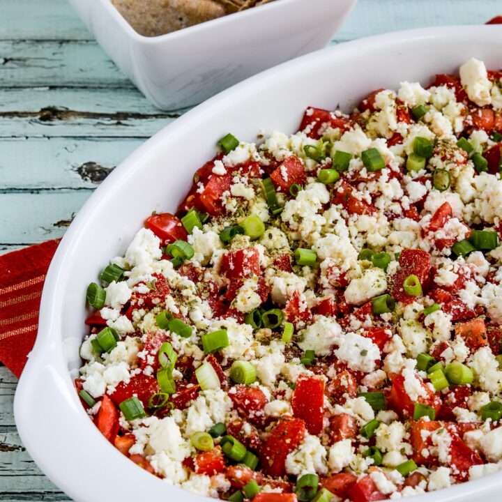 Greek Dip with Tomatoes and Feta finished dip in serving dish with pita in background