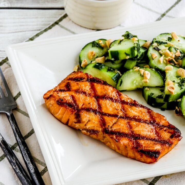 Korean Salmon with Dipping Sauce shown on serving plate with Thai Cucumber Salad