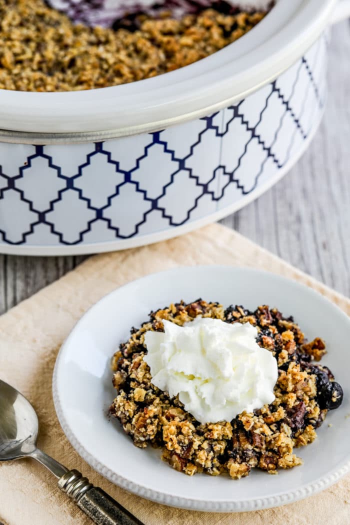 Slow Cooker Blueberry Crisp one serving on plate with slow cooker in back