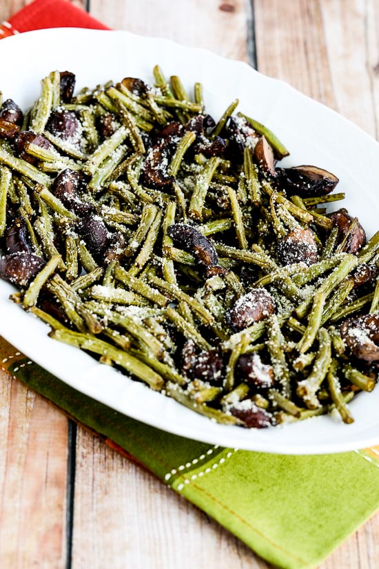 Roasted Green Beans with Mushrooms, Balsamic, and Parmesan shown on serving plate