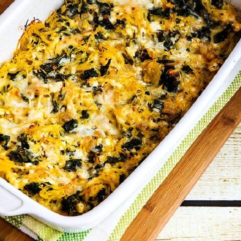 Twice-Baked Spaghetti Squash with Kale and Feta finished recipe in baking dish