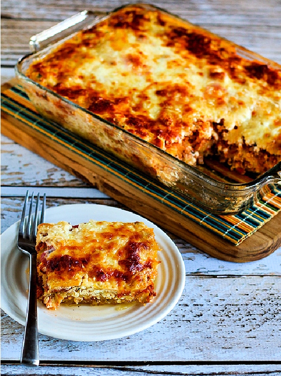 Mock Lasagna Spaghetti Squash Casserole finished dish with one serving on plate