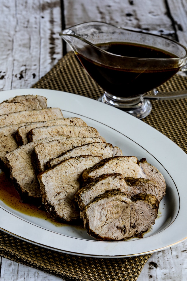 Slow Cooker Balsamic Pork Roast finished roast on serving plate