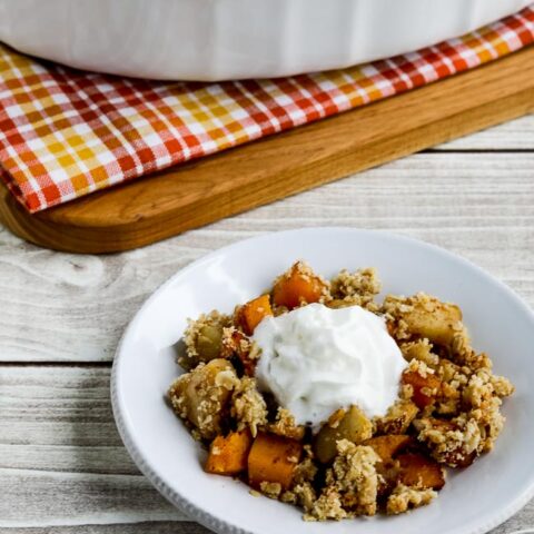 Low-Sugar Pumpkin and Apple Crumble finished dish on serving plate