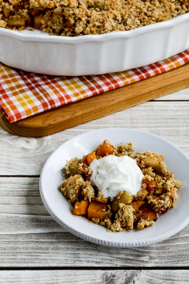 Low-Sugar Pumpkin and Apple Crumble finished dish on serving plate