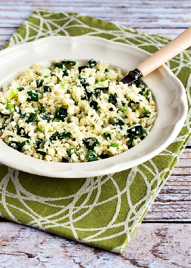 Easy Cauliflower Rice with Garlic and Green Onion finished dish in serving bowl