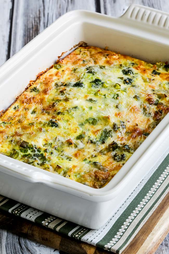 Broccoli and Three Cheese Keto Breakfast Casserole in baking dish