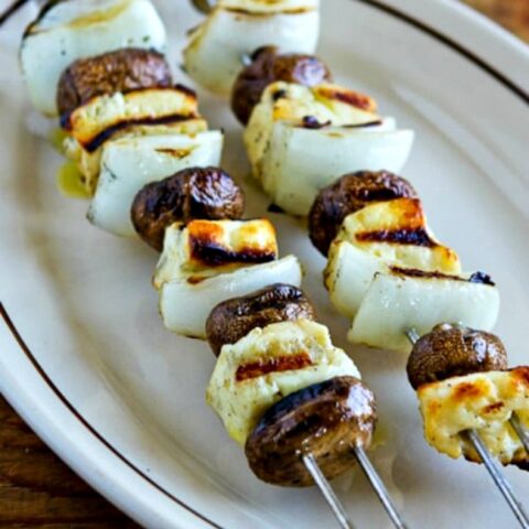 Grilled Halloumi Cheese Skewers with Mushrooms and Sweet Onions found on 