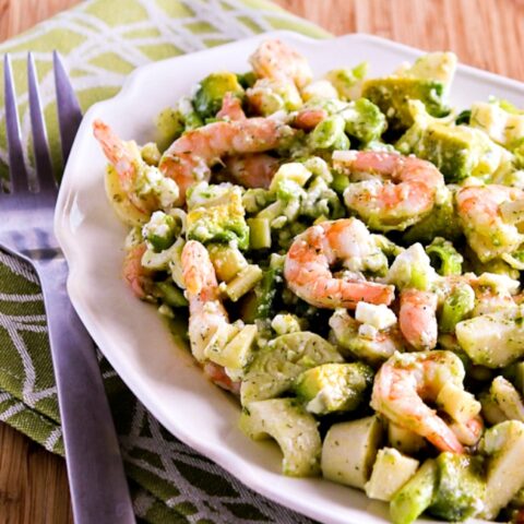 Lemony Shrimp Salad with Avocado, Heart of Palm, and Feta finished salad on plate