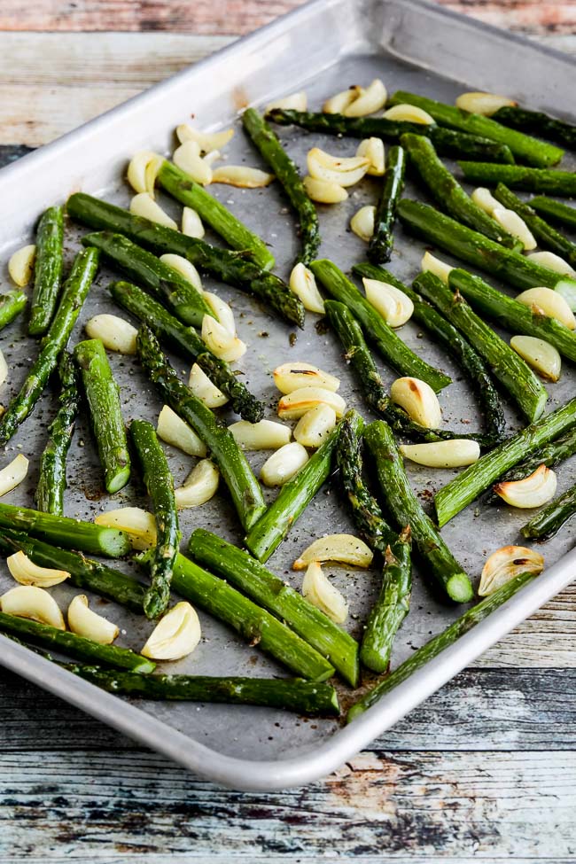 Roasted Asparagus with Garlic on baking sheet