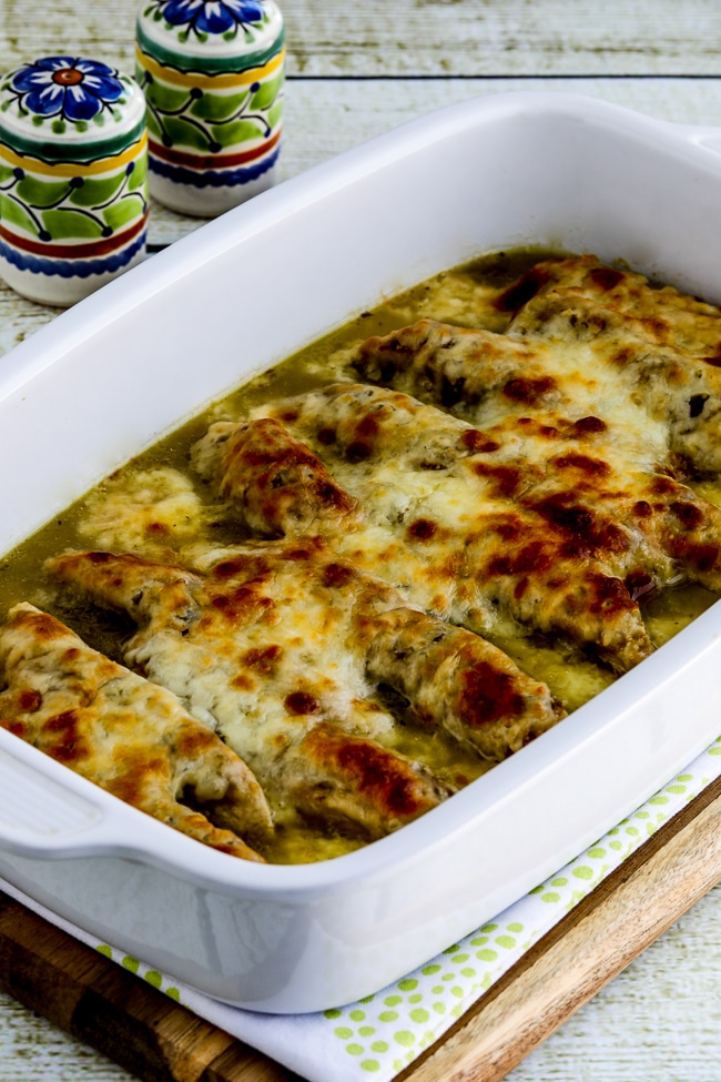 Salsa Verde Chicken Bake finished recipe in baking dish