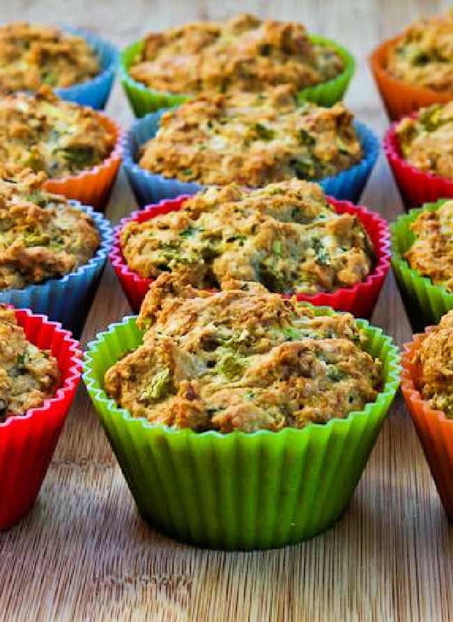 Savory Zucchini Muffins with Green Chiles vertical image showing muffins in rows.