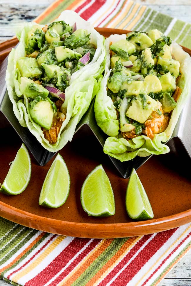 Spicy Shredded Chicken Lettuce Wrap Tacos tacos on serving plate