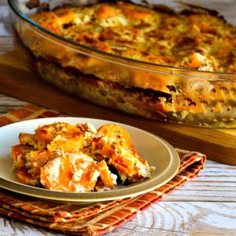 Sweet Potato Gratin finished dish with some on serving plate