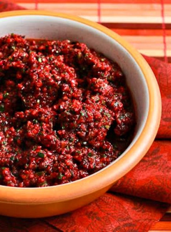 Trina's Low-Sugar Fresh Cranberry Salsa Recipe with Cilantro, Lime, and Jalapeno found on 