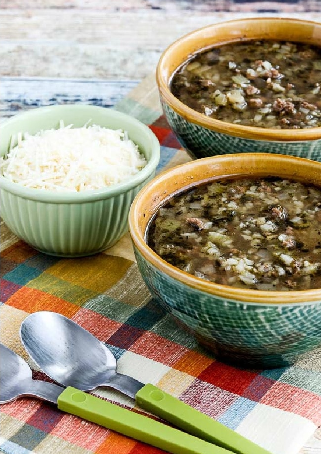 Instant Pot Low-Carb Ground Beef Cauliflower Soup cropped image with two bowls of soup