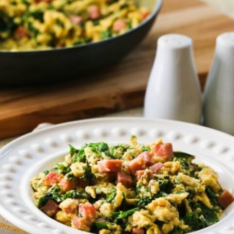 Cropped image of Green Eggs and Ham on serving plate and in skilet