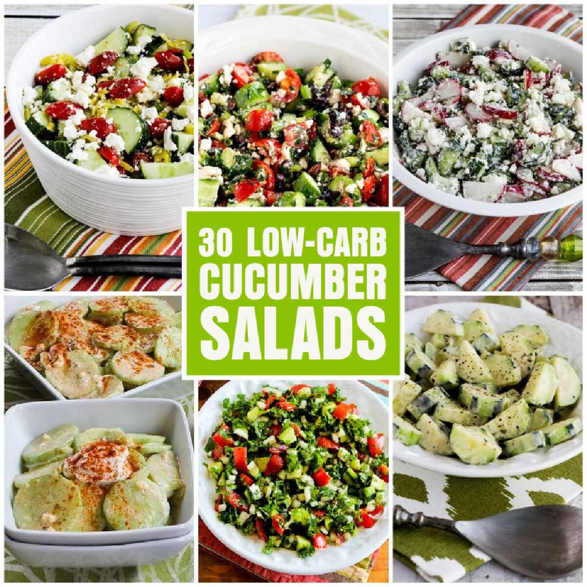 Collage image for 30 Low-Carb Cucumber Salads with photos of featured recipes.