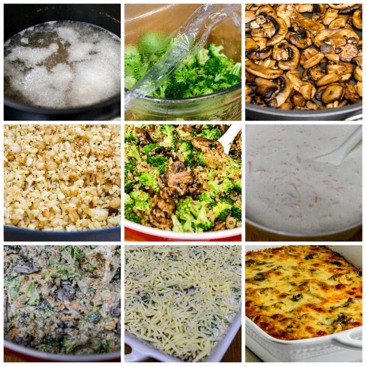 Cheesy Vegetarian Casserole (with Cauliflower Rice) collage image showing recipe steps.