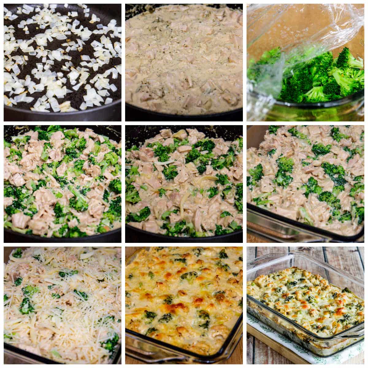 Process shots collage for Chicken Broccoli Alfredo Casserole .