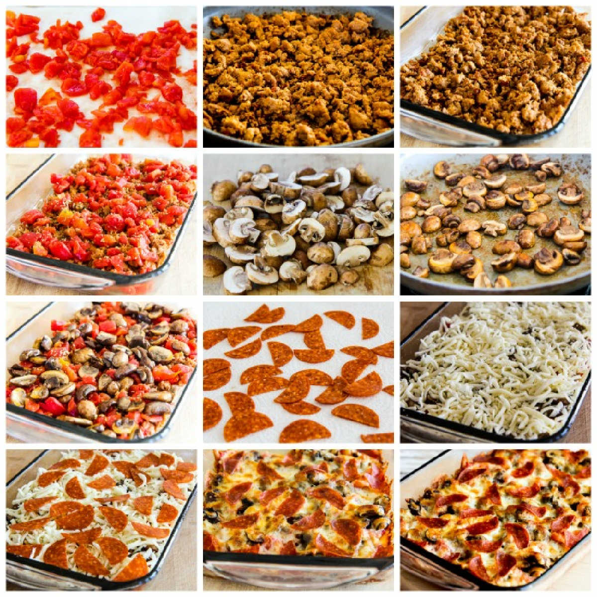 recipe steps collage for Low-Carb Deconstructed Pizza Casserole