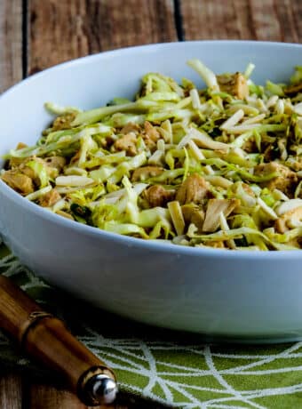 Square image of Sandee's Asian Chicken Cabbage Salad in bowl on green-white napkin with serving fork.