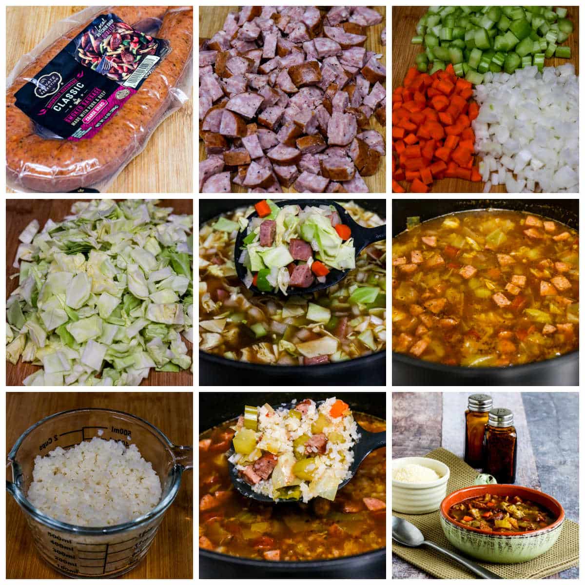 Process shots collage for Sausage and Cabbage Soup showing recipe steps.