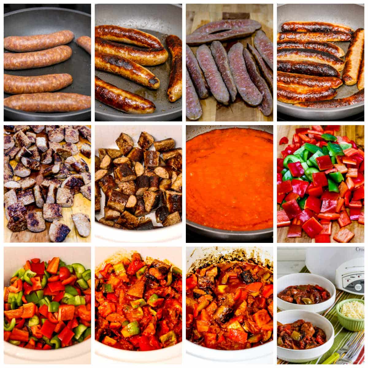 Collage image for Slow Cooker Sausage and Peppers showing recipe steps.