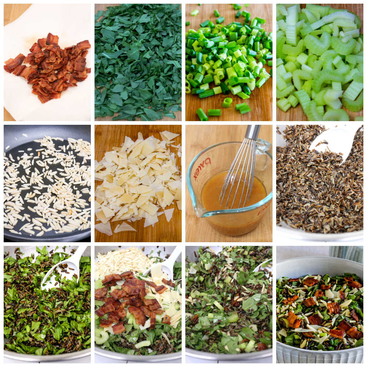 Collage photo for Wild Rice Salad, showing steps for prepping and assembling the salad.