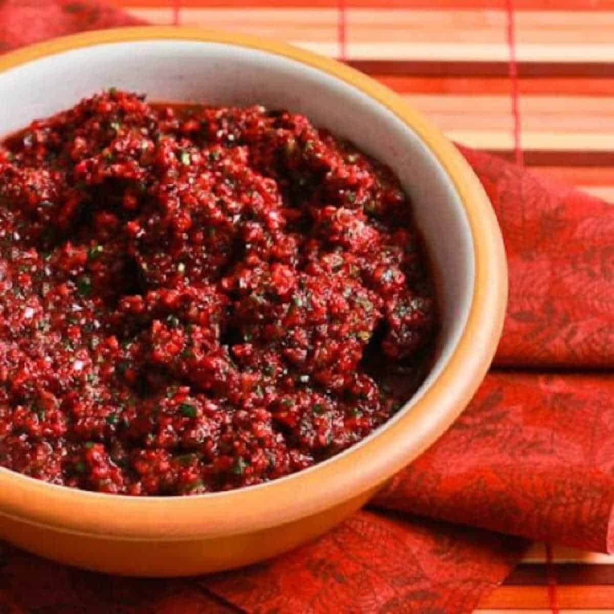 Trina's Cranberry Salsa in bowl on red napkin