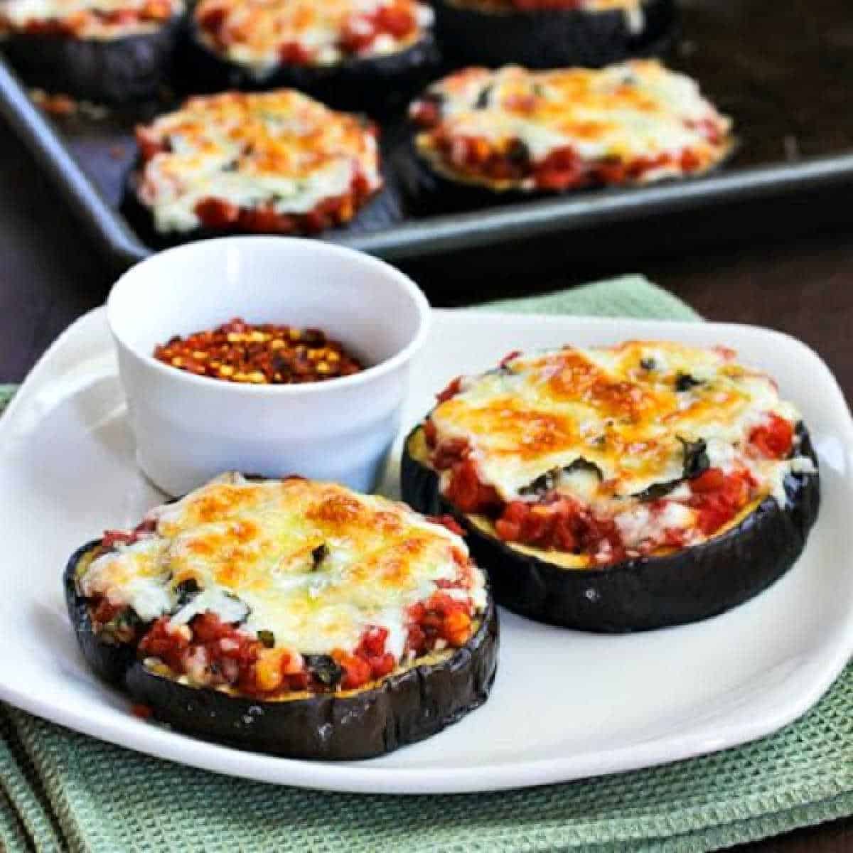 square image of Julia Child's Eggplant Pizza on serving dish