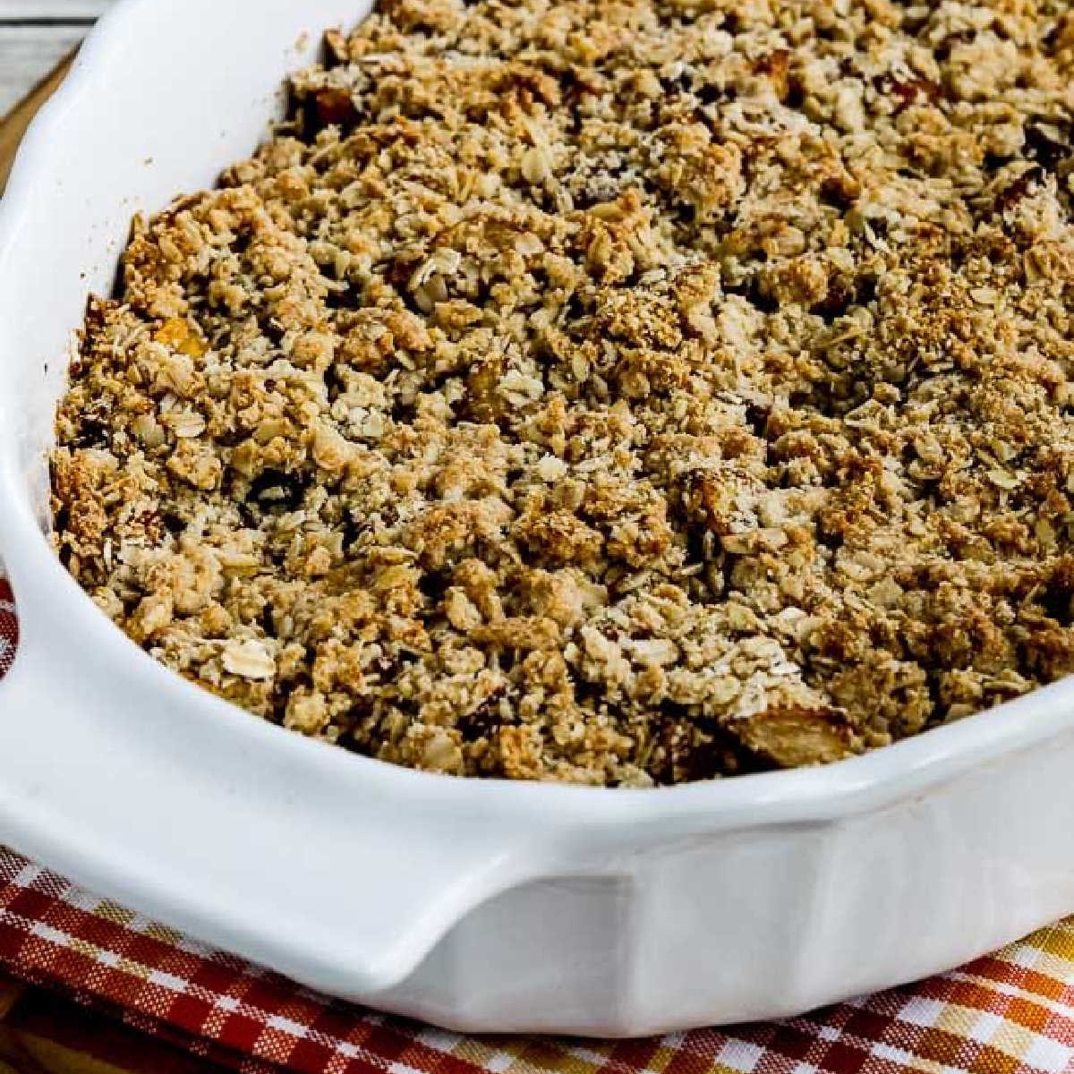 Low-Sugar Pumpkin Apple Crumble square image in baking sheet