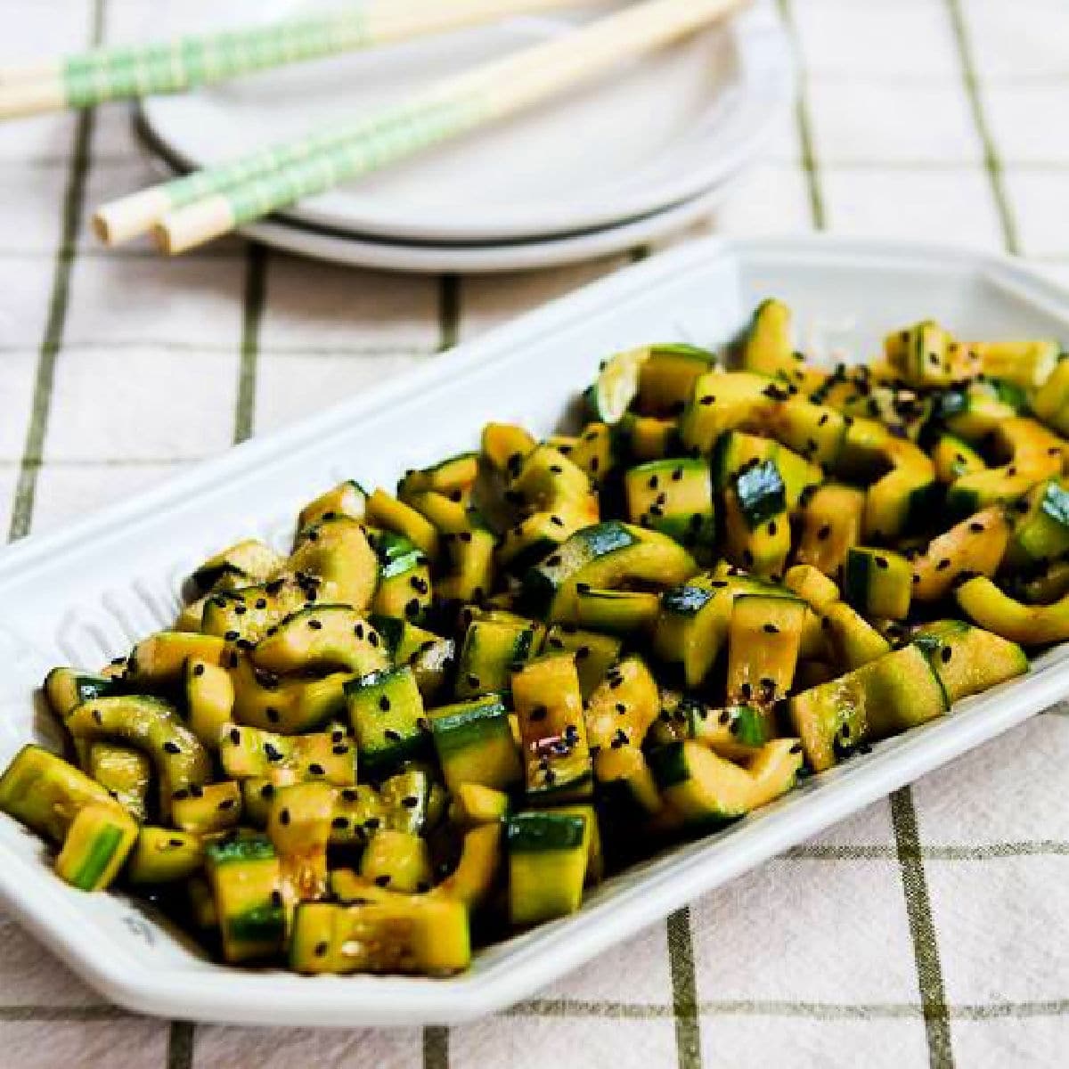 Square image of Chinese Cucumber Salad on serving platter.