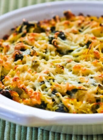 Spaghetti Squash Gratin with Chard shown in baking dish.