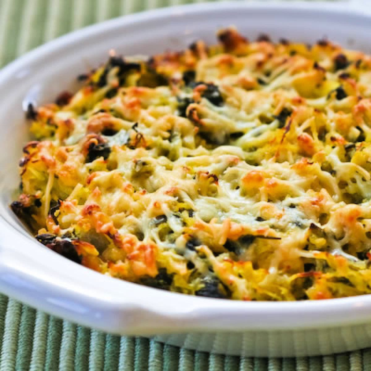 Spaghetti Squash Gratin with Chard shown in baking dish.