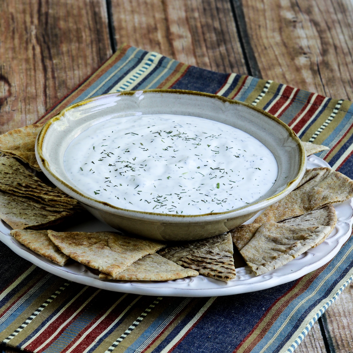 Square image for Tzatziki Sauce shown in bowl on plate with pita bread.