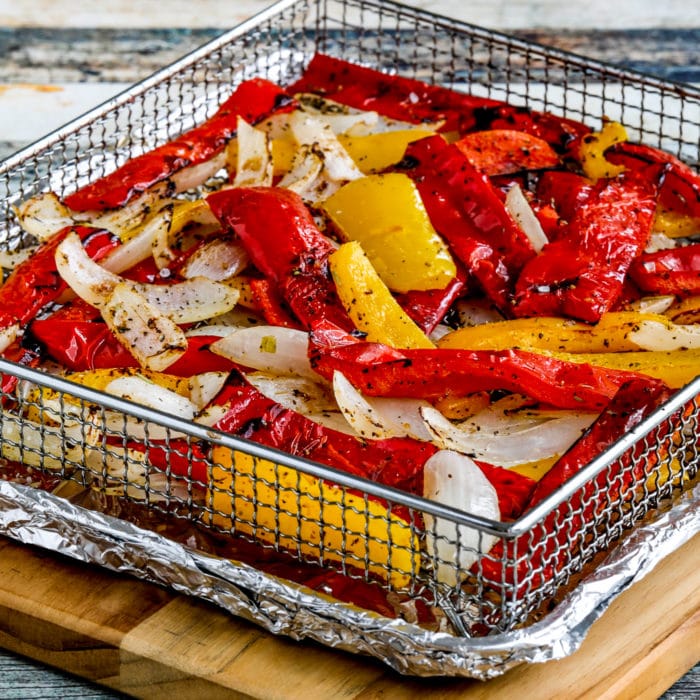 square thumbnail image of Air Fryer Peppers and Onions in air fryer basket