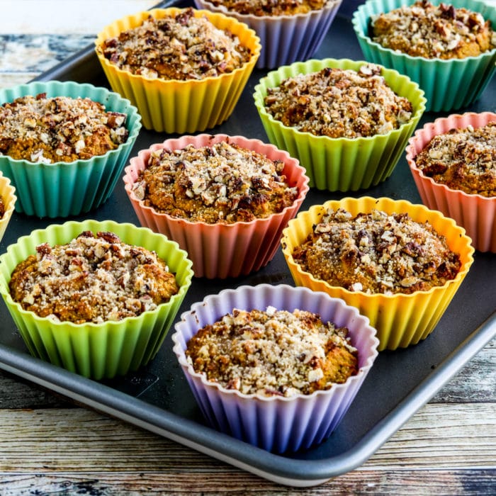 Almond Flour Pumpkin Muffins thumbnail photo of finished muffins on baking sheet