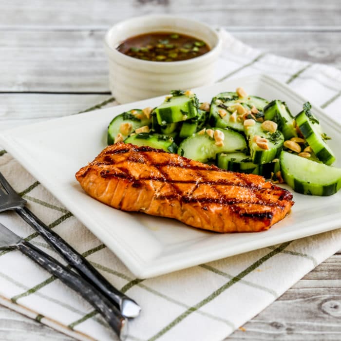 Square image for Korean Salmon with Dipping Sauce shown with Thai Cucumber Salad on serving plate